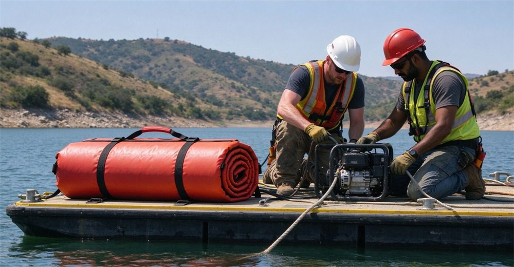 Outdoor water construction worksite with welding platform on water and foam-filled floating platform as emergency backup, workers in safety gear conducting water operations with rescue equipment ready.