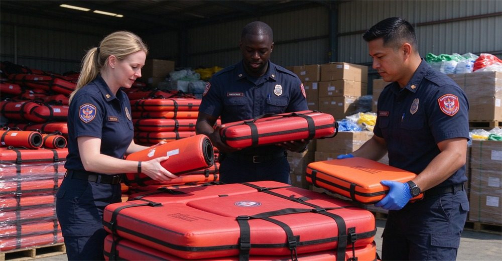Disaster relief material distribution at emergency management bureau, staff counting and distributing foam-filled water rescue floating platforms to residents, real disaster relief supply operation. Disaster relief material distribution at emergency management bureau, staff counting and distributing foam-filled water rescue floating platforms to residents, real disaster relief supply operation.