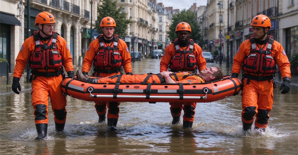 Four rescuers in full orange gear carrying patient on authentic foam-filled platform-stretcher with horizontal straps and inserted aluminum poles, walking through waist-deep brown flood water, realistic documentary style. Four rescuers in full orange gear carrying patient on authentic foam-filled platform-stretcher with horizontal straps and inserted aluminum poles, walking through waist-deep brown flood water, realistic documentary style.