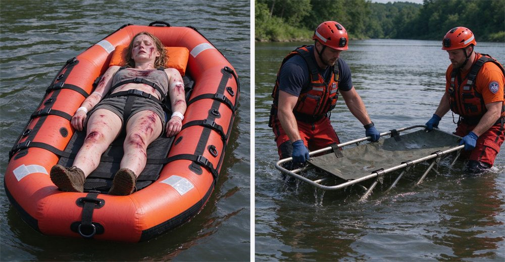 Side-by-side comparison: authentic foam-filled floating platform with straps floating on water carrying patient versus traditional wheeled stretcher partially sinking, rescuer in water guiding platform, two rescuers on bank with stretcher, river scene. Side-by-side comparison: authentic foam-filled floating platform with straps floating on water carrying patient versus traditional wheeled stretcher partially sinking, rescuer in water guiding platform, two rescuers on bank with stretcher, river scene.