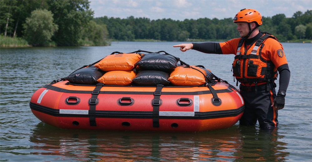 Authentic foam-filled floating platform with horizontal straps, buckles and drainage holes floating on river, four orange-black sandbags labeled 150kg total stacked on platform, professional rescuer in full gear pointing at load demonstration, no people on platform. Authentic foam-filled floating platform with horizontal straps, buckles and drainage holes floating on river, four orange-black sandbags labeled 150kg total stacked on platform, professional rescuer in full gear pointing at load demonstration, no people on platform.