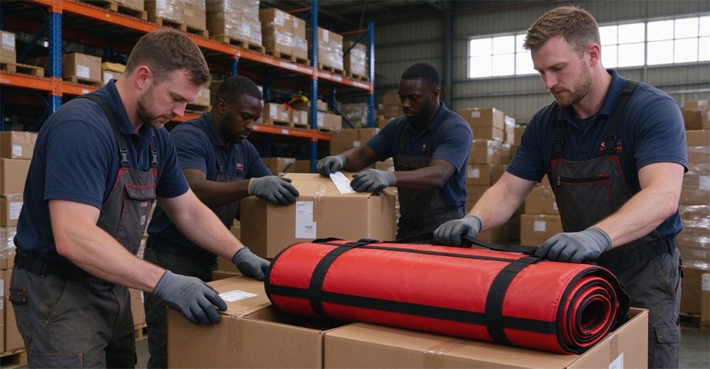 Packing and shipping: workers loading foam-filled floating platforms into carton boxes and sealing with tape in warehouse, order fulfillment process. Packing and shipping: workers loading foam-filled floating platforms into carton boxes and sealing with tape in warehouse, order fulfillment process.