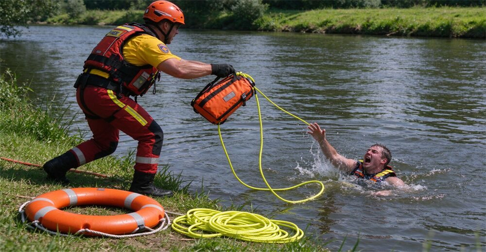 Related product: rescue throw bag and lifebuoy real use photo with rescuer throwing rope toward victim in river, compatible water rescue equipment for floating platform operations.