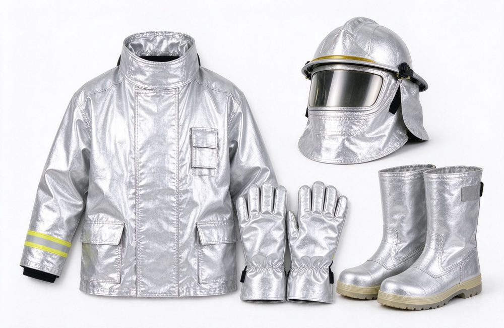Close-up view of fire proximity suit full kit with aluminized hood gloves and boots displayed together for complete radiant heat protection bulk order preparation by industrial safety procurement teams