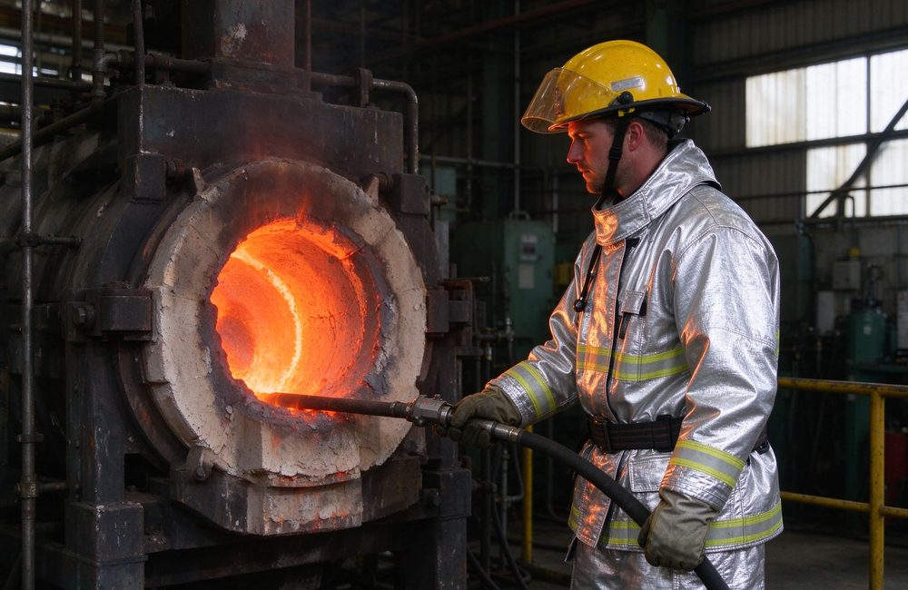 Wide-angle view of worker in fire proximity suit positioned close to furnace radiant heat source in refinery for verifying radiant heat blocking performance of aluminized proximity fire suit