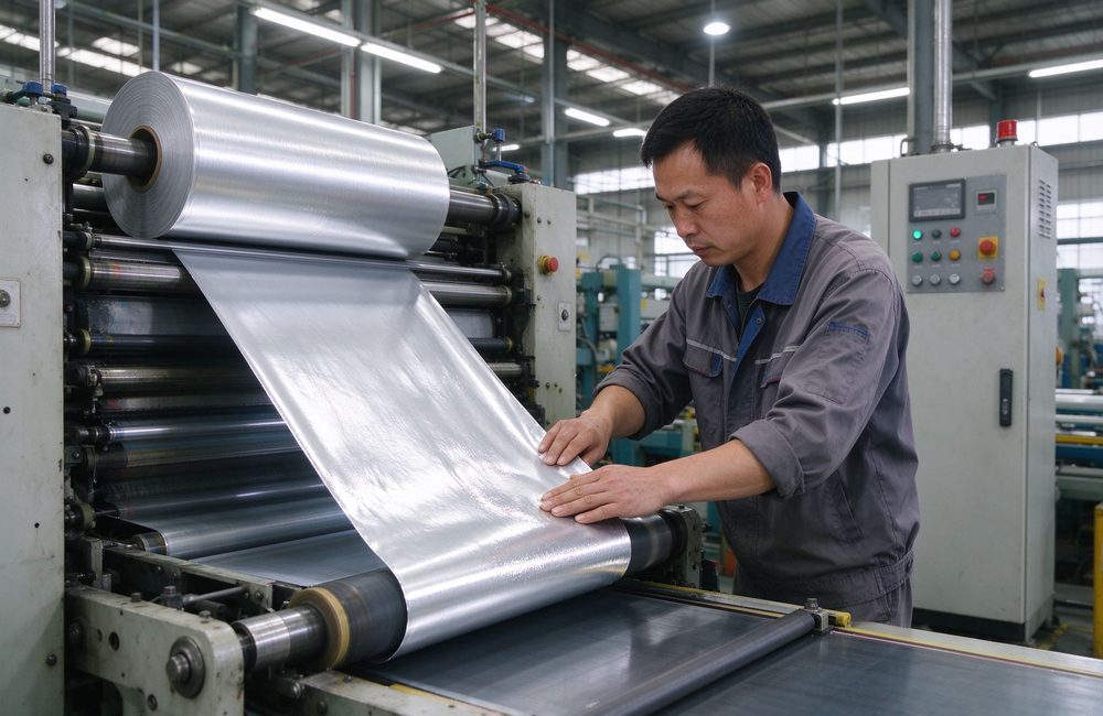 Three-quarter view of aluminized coating process on fire proximity suit fabric in production workshop showing manufacturing quality for radiant heat suit production and supplier verification