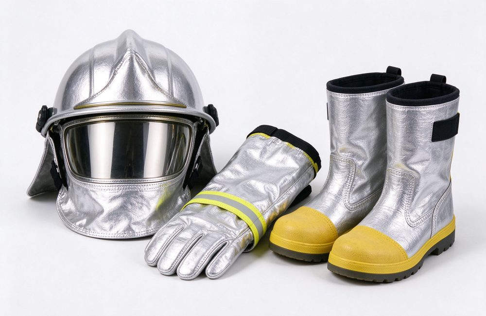 Front view of fire proximity suit hood face shield and aluminized gloves close view for radiant heat protection accessory quality and complete kit component inspection