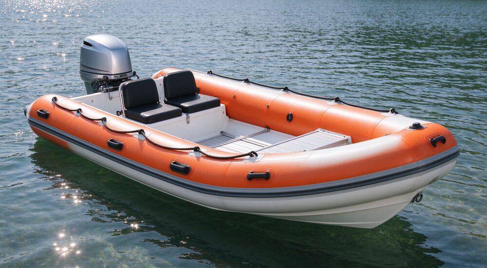 Rigid inflatable boat RIB with fiberglass V-shaped hull and bright orange PVC collars floating on calm lake water ready for immediate emergency rescue boat deployment by professional team Rigid inflatable boat RIB with fiberglass V-shaped hull and bright orange PVC collars floating on calm lake water ready for immediate emergency rescue boat deployment by professional team