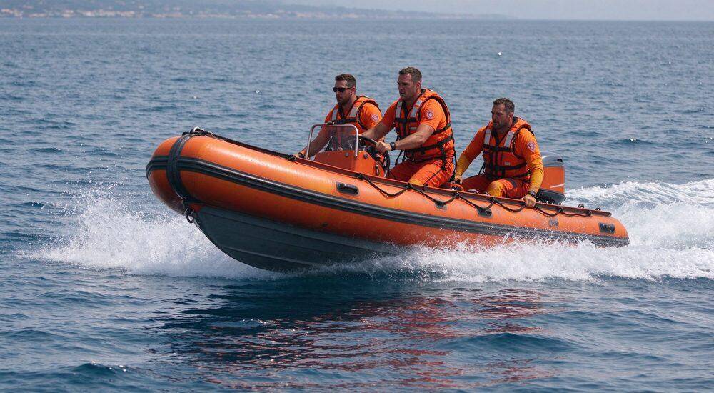 Orange rigid inflatable boat RIB equipment shown on open water with male rescue crew patrolling coastal waters demonstrating maritime rescue vessel capability and endurance in rough seas Orange rigid inflatable boat RIB equipment shown on open water with male rescue crew patrolling coastal waters demonstrating maritime rescue vessel capability and endurance in rough seas