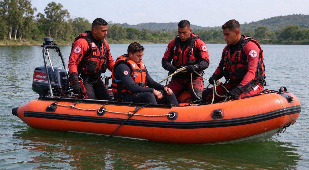 Calm lake water rescue with inflatable rescue dinghy where male rescuer is pulling exhausted swimmer into boat showing gentle water rescue technique for peaceful environments Calm lake water rescue with inflatable rescue dinghy where male rescuer is pulling exhausted swimmer into boat showing gentle water rescue technique for peaceful environments