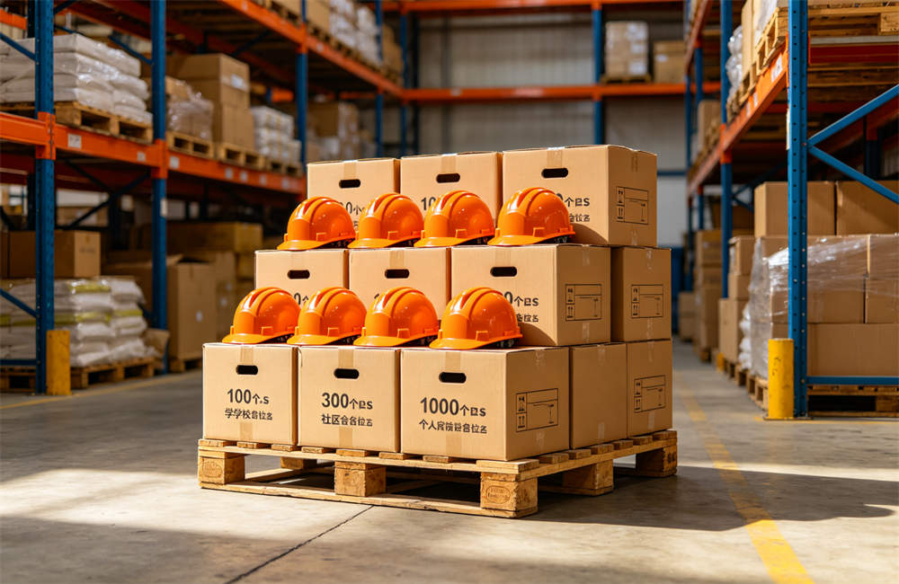 Warehouse pallet stacked with bulk multi color safety helmets ready for wholesale shipment to NGOs and relief organizations today now now for bulk tornado emergency kit procurement and wholesale NGO relief orders today now