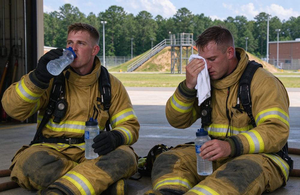Eye-level view of carbon fiber fire entry suit versus proximity suit working range comparison for extreme heat entry tasks and radiant heat proximity work selection guidance