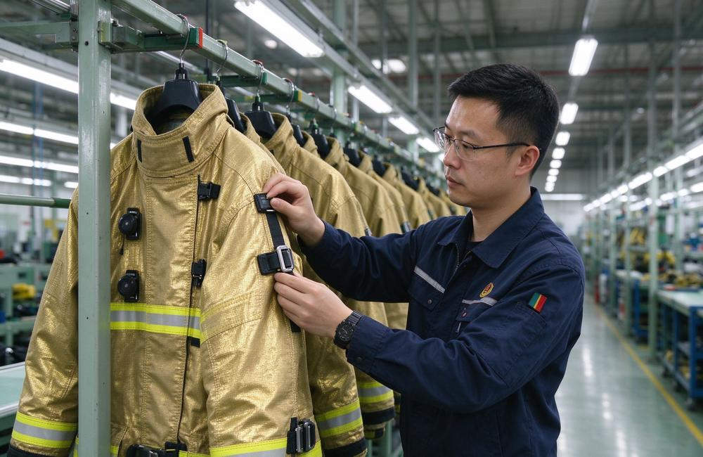 Wide-angle view of carbon fiber fire entry suit EN ISO 11612 label showing heat protection level for extreme heat protective clothing standard verification by import buyers