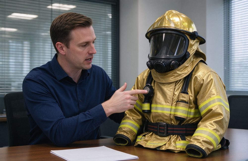 Overhead view of industrial fire brigade in carbon fiber fire entry suits near furnace for extreme heat protection in plant emergency response and fire entry suit wholesale supply
