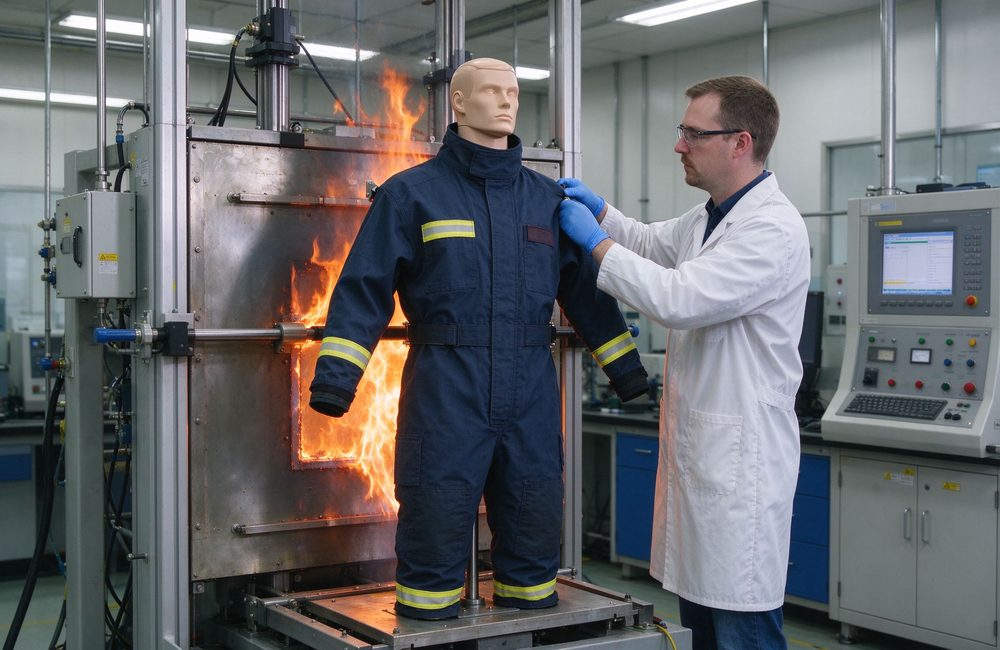 Flat-lay view of fR coveralls with NFPA 2112 certification label for flame resistant workwear compliance and fire resistant protective clothing standard verification at industrial work sites Flat-lay view of fR coveralls with NFPA 2112 certification label for flame resistant workwear compliance and fire resistant protective clothing standard verification at industrial work sites