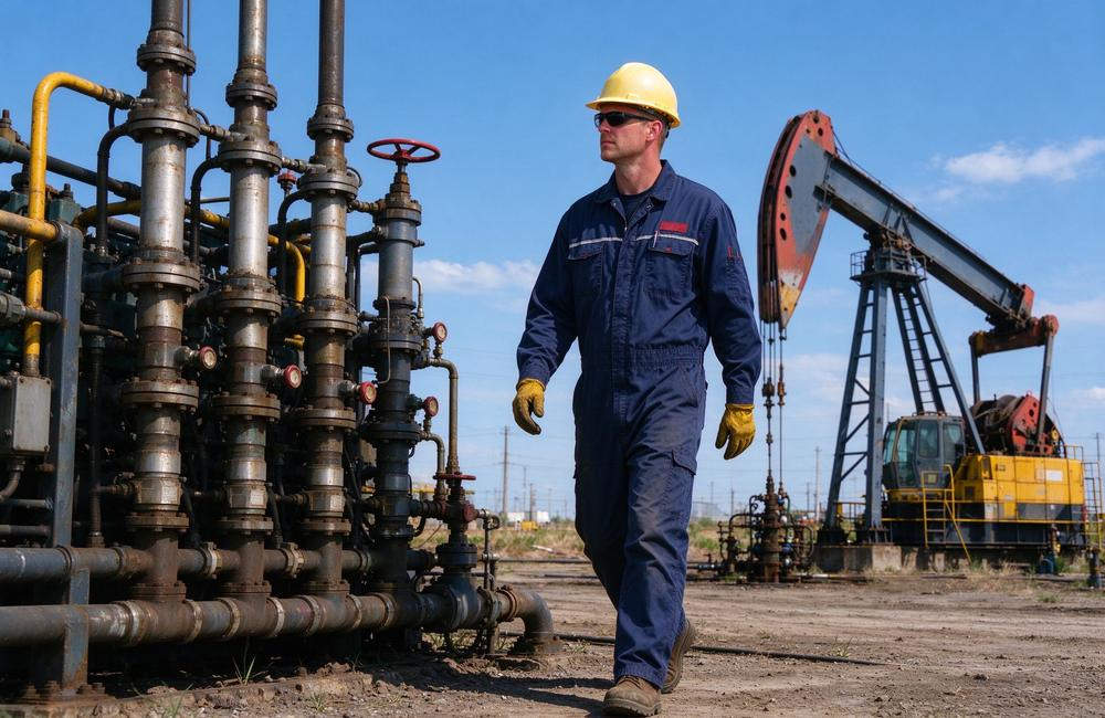 Wide-angle view of fR coveralls team photo in industrial facility for flame resistant workwear corporate uniform and FR coveralls bulk order for company safety program