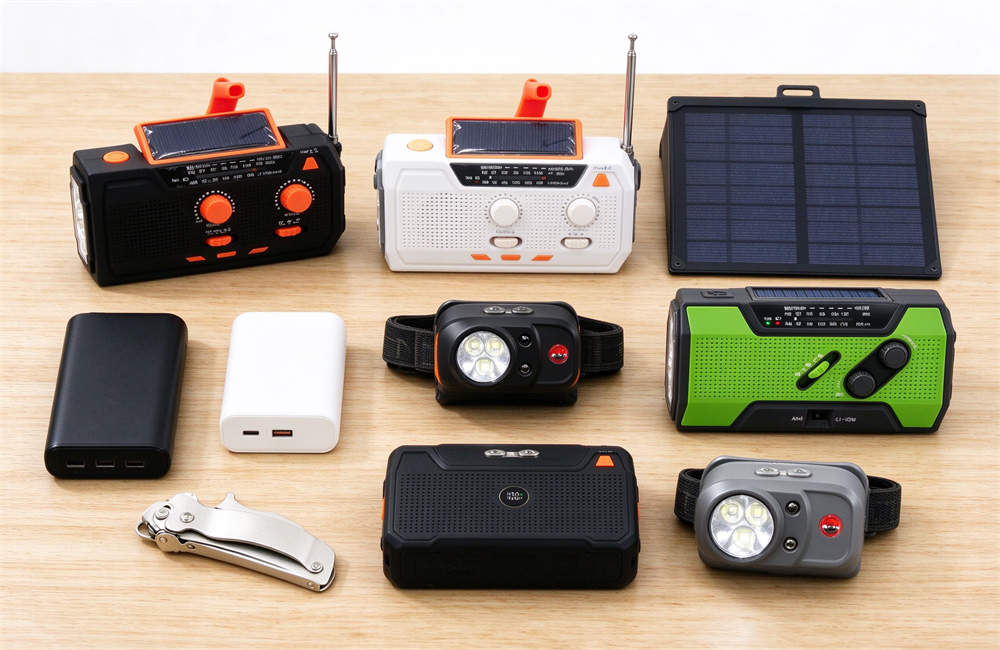 Complete power outage emergency kit family flat lay on light wooden table: hand crank solar radios, LED headlamps, portable power banks, foldable solar panel, all bulk emergency supplies