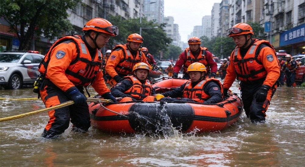 Water rescue team fully equipped group photo showing diverse team members in PFDs helmets and dry suits ready for professional emergency response Water rescue team fully equipped group photo showing diverse team members in PFDs helmets and dry suits ready for professional emergency response