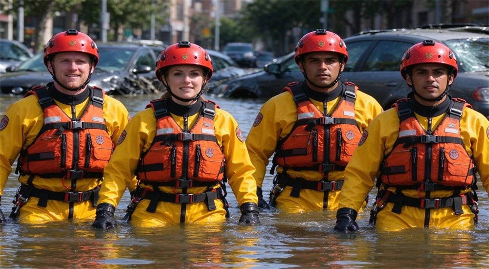 Flood rescue urban operation team working in submerged street environment with PFDs helmets and ropes performing civilian evacuation and rescue Flood rescue urban operation team working in submerged street environment with PFDs helmets and ropes performing civilian evacuation and rescue