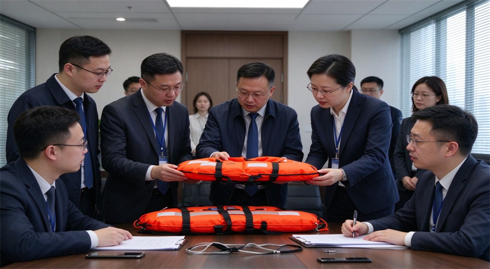 Government procurement officers reviewing water rescue equipment samples and tender documents for bulk purchase and institutional procurement orders