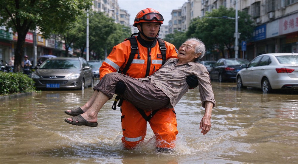 Rescuer in orange water‑rescue suit evacuates stranded resident in urban flood‑water area