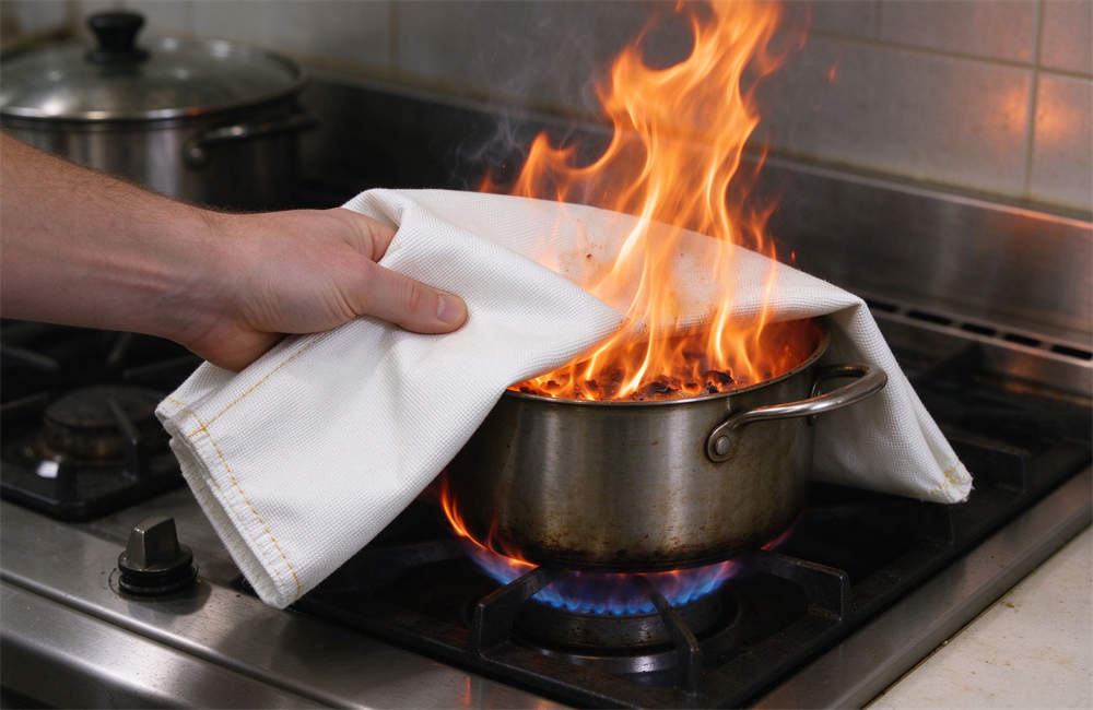 Home fire safety demonstration, hand covers burning pot with fire blanket to extinguish cooking fire on gas stovetop