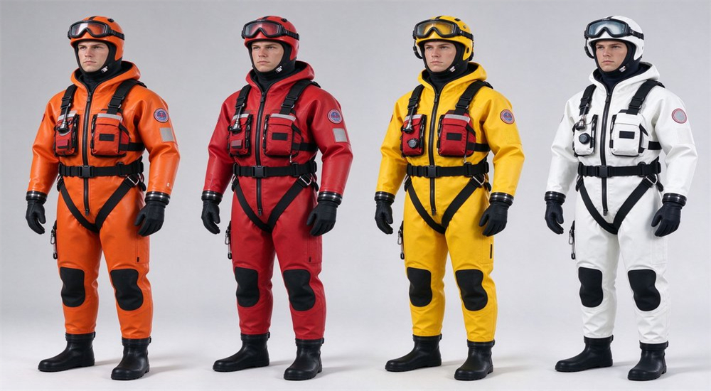 Four ice rescue suit models in red orange yellow and black colors showing one-piece construction chest buoyancy neck seals wrist seals and ice cleat soles for professional cold water rescue teams