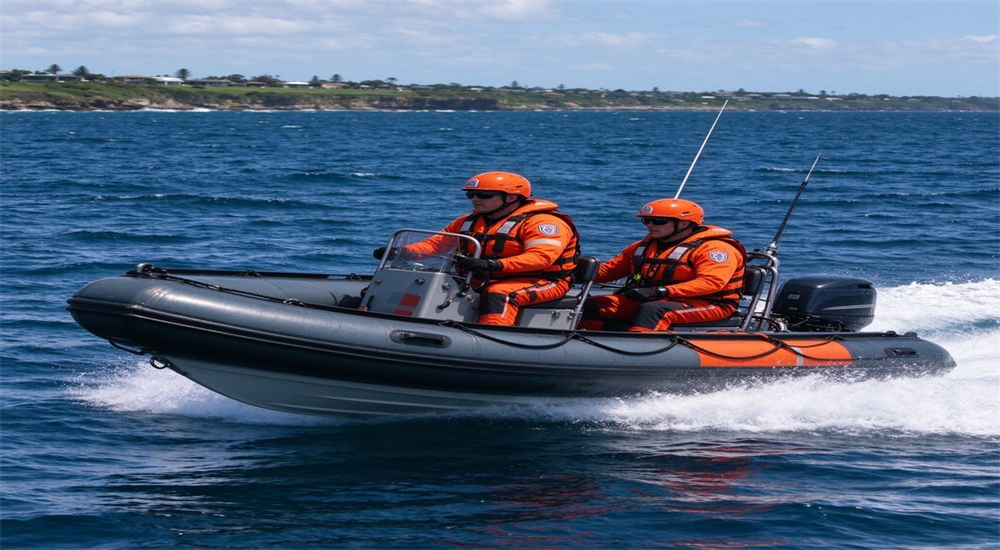 Coast guard rigid inflatable boat navigating through ocean waves during offshore search and rescue mission with professional crew wearing full maritime personal protective equipment and high buoyancy PFD systems