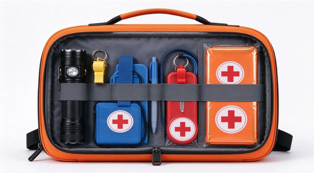 Orange school lockdown emergency kit contents display for school safety kit supplier, showing first aid flashlight whistle and survival tools for wholesale emergency kits for schools and dormitories