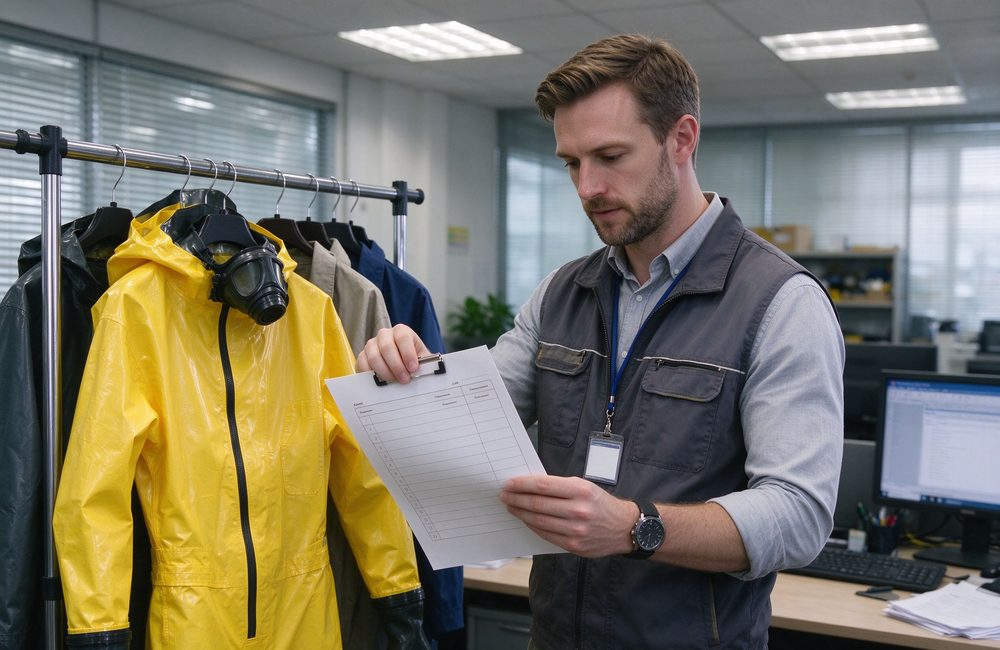 Overhead view of chemical suit supplier checklist covering protection level for firefighter hazmat suit bulk procurement by industrial safety teams during chemical emergency response for hazmat suit export supply