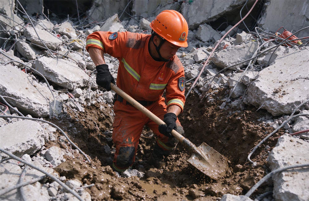 Western rescue team wearing orange uniforms and yellow hard hats digging through muddy rubble, diverse group of men and women, realistic photography