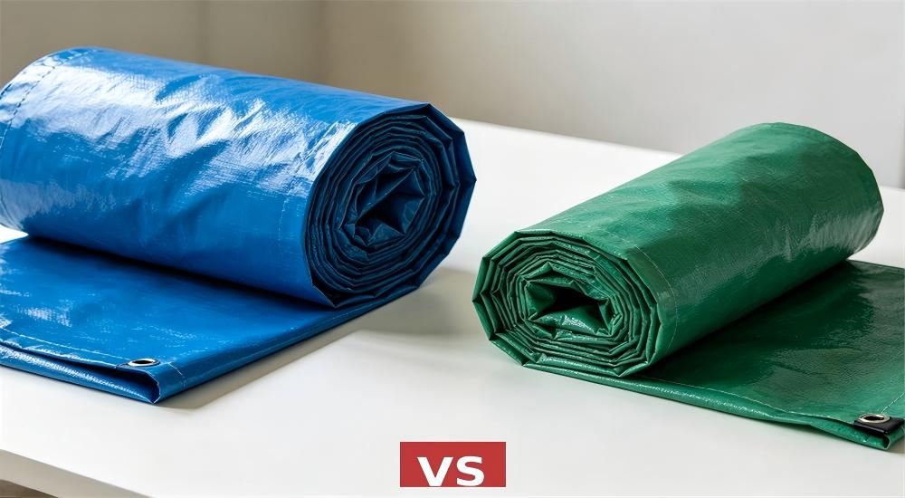 Rolled blue and green waterproof tarpaulin, heavy duty PVC tarp with metal grommets for emergency shelter Rolled blue and green waterproof tarpaulin, heavy duty PVC tarp with metal grommets for emergency shelter