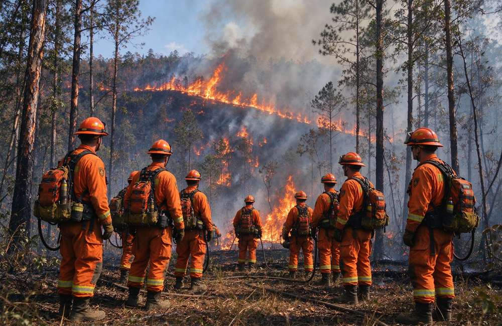 Ground-level view of forest fire scene with wildland firefighting crew in protective clothing for fire fighting suit application and wildland fire gear emergency response