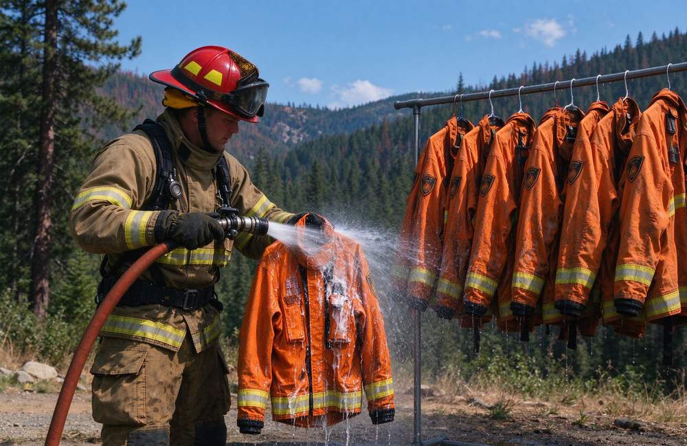Aerial view of wildland firefighting crew on mountain ridge in forest fire suit for wildfire operations and wildland fire gear rugged terrain performance