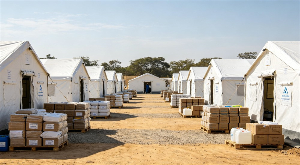 Mining camp accommodation overview with worker tents and site facilities