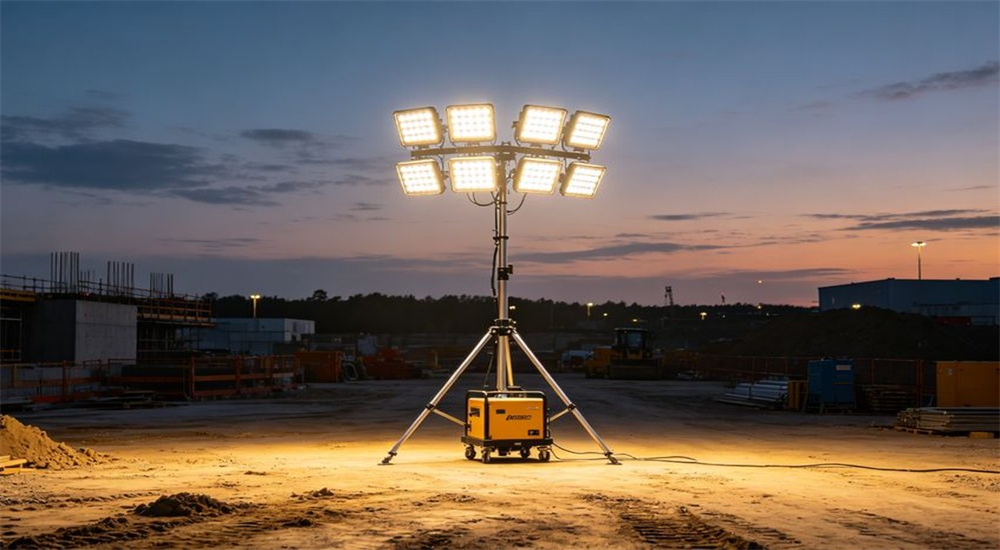 Portable area lighting tower with multiple LED panels for large camp perimeters Portable area lighting tower with multiple LED panels for large camp perimeters