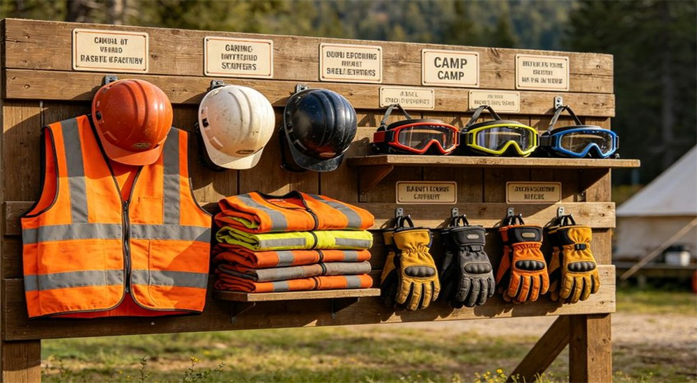 Safety equipment station at camp site with helmets vests gloves goggles organized display Safety equipment station at camp site with helmets vests gloves goggles organized display