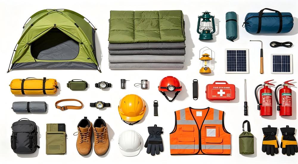 Complete remote camp supplies checklist flat lay with tents bedding lighting PPE and emergency equipment Complete remote camp supplies checklist flat lay with tents bedding lighting PPE and emergency equipment