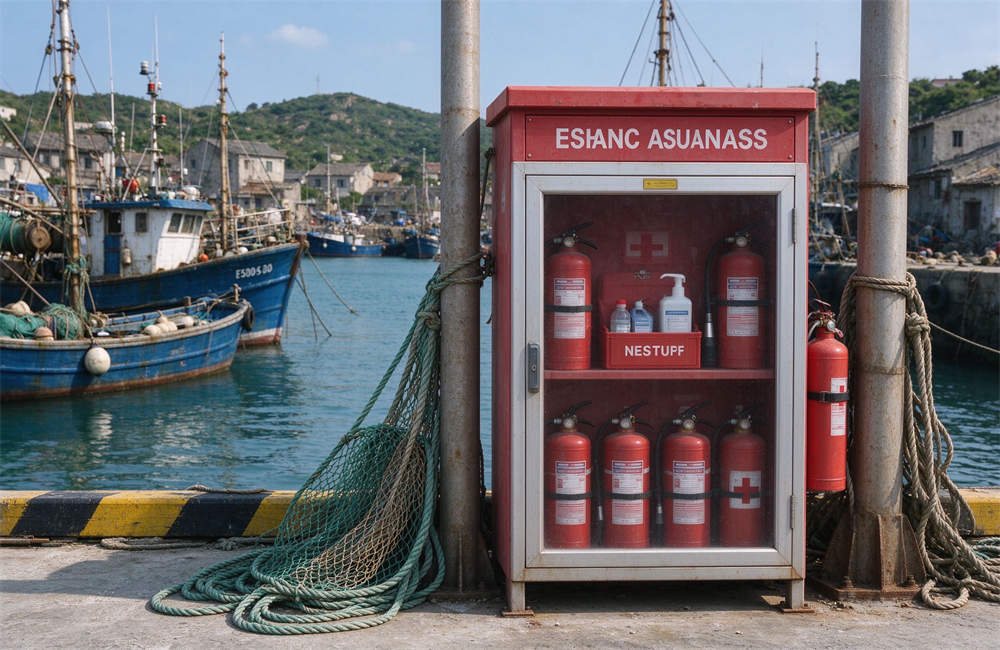 Fishing village dock with emergency supplies station, realistic photography, dock worker safety equipment for coastal evacuation.