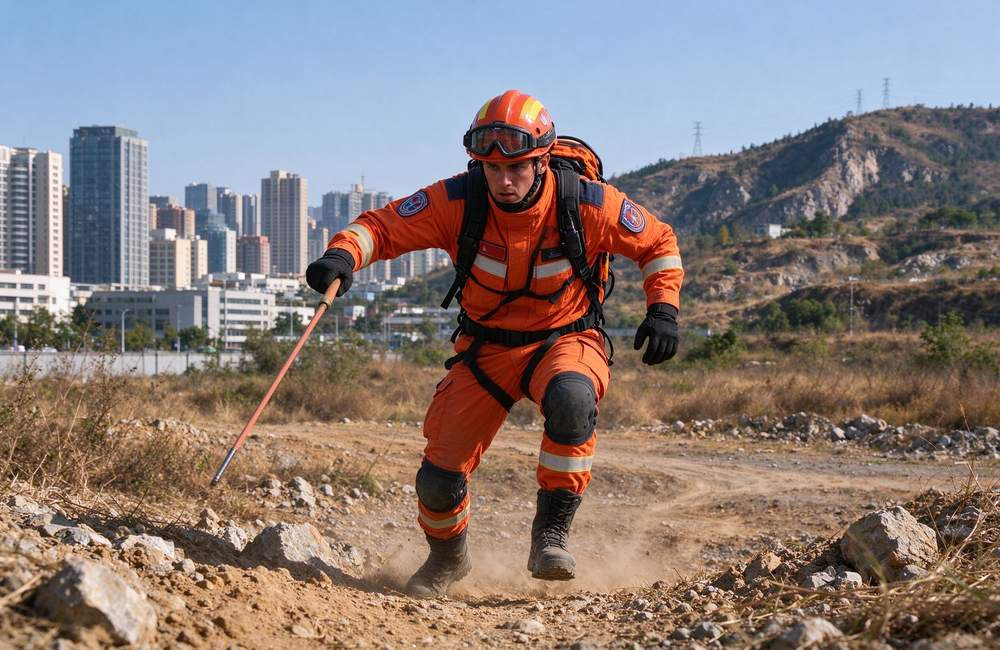 Wide-angle view of rescue team member transitioning from urban to field in emergency rescue clothing for multi mission adaptability and orange vest rescue uniform flexibility