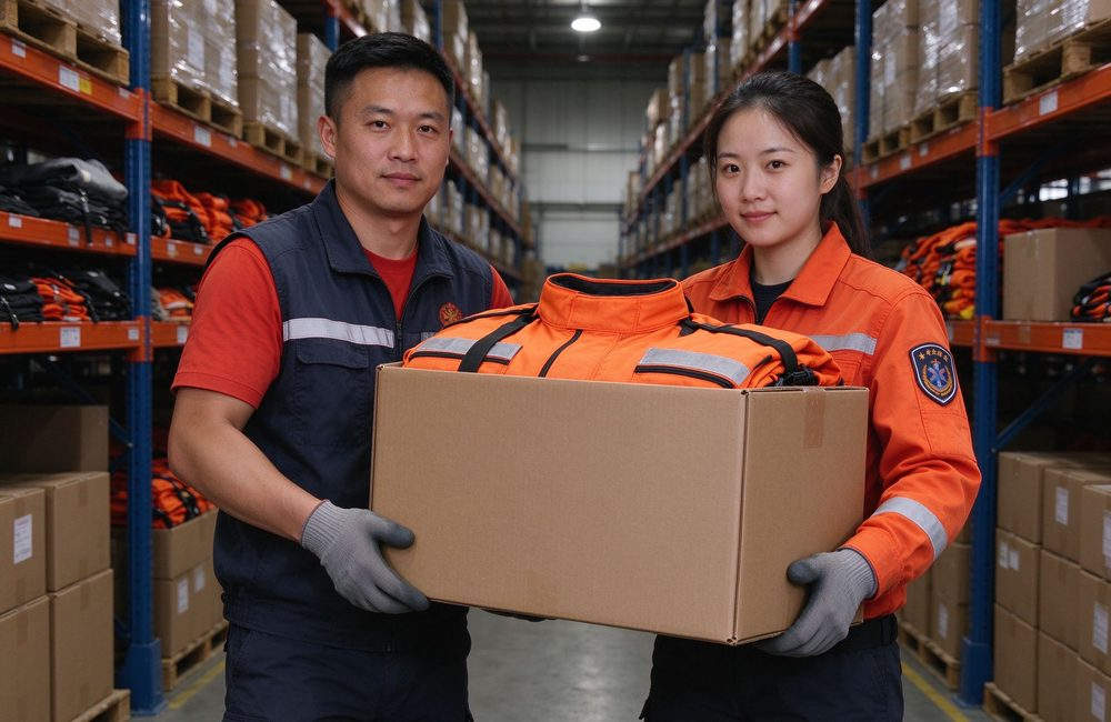 Wide-angle view of emergency rescue clothing field repair kit view for orange with reflective trim rescue uniform maintenance and emergency response clothing on site durability for emergency rescue clothing buyers