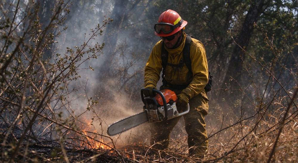 Firefighter in yellow Nomex gear using a chainsaw to cut fire line through dry brush, smoke around, wildland firefighting tools