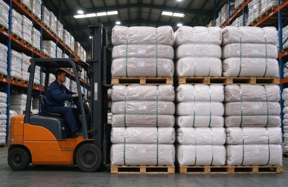 Asian worker driving a forklift stacking compressed blanket bales on wooden pallets in a bright warehouse, showing national stockpile blankets pallet stacking