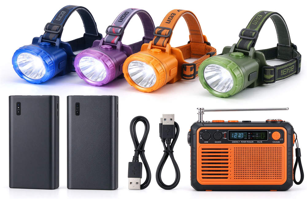 Emergency power gear flat lay: LED headlamps in multiple colors, portable power banks, hand crank emergency radio, off-grid power supplies for disaster response