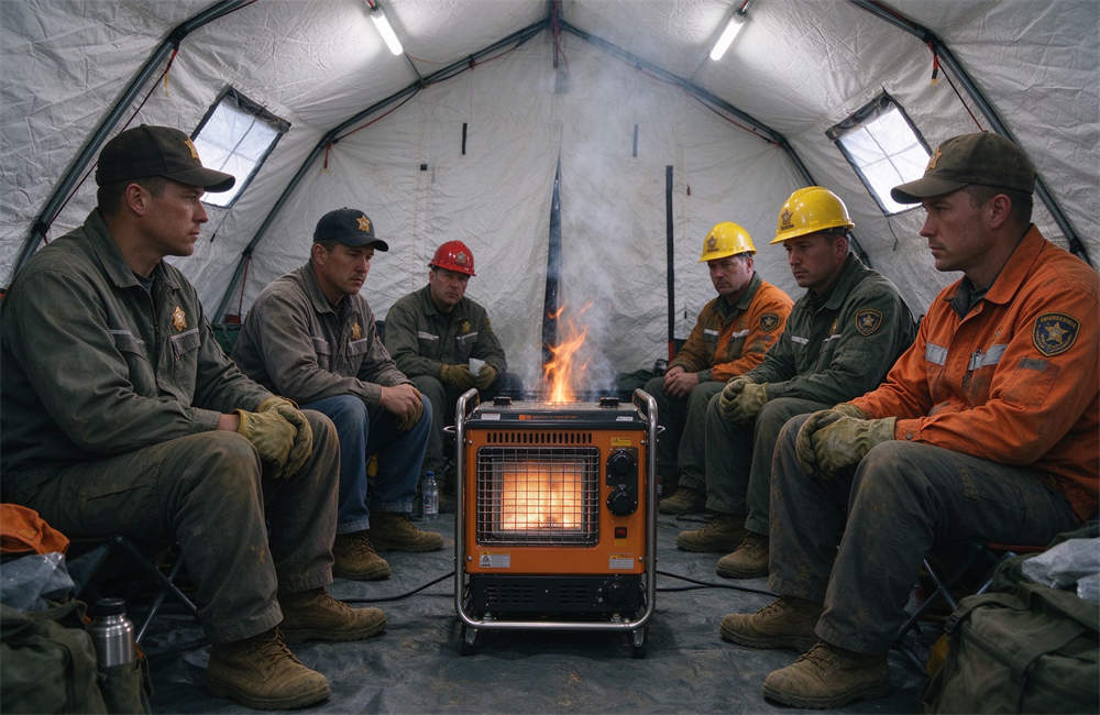 Relief workers sitting around portable diesel space heater in relief tent, cold weather emergency heating solutions and shelter warmth equipment for disaster operations