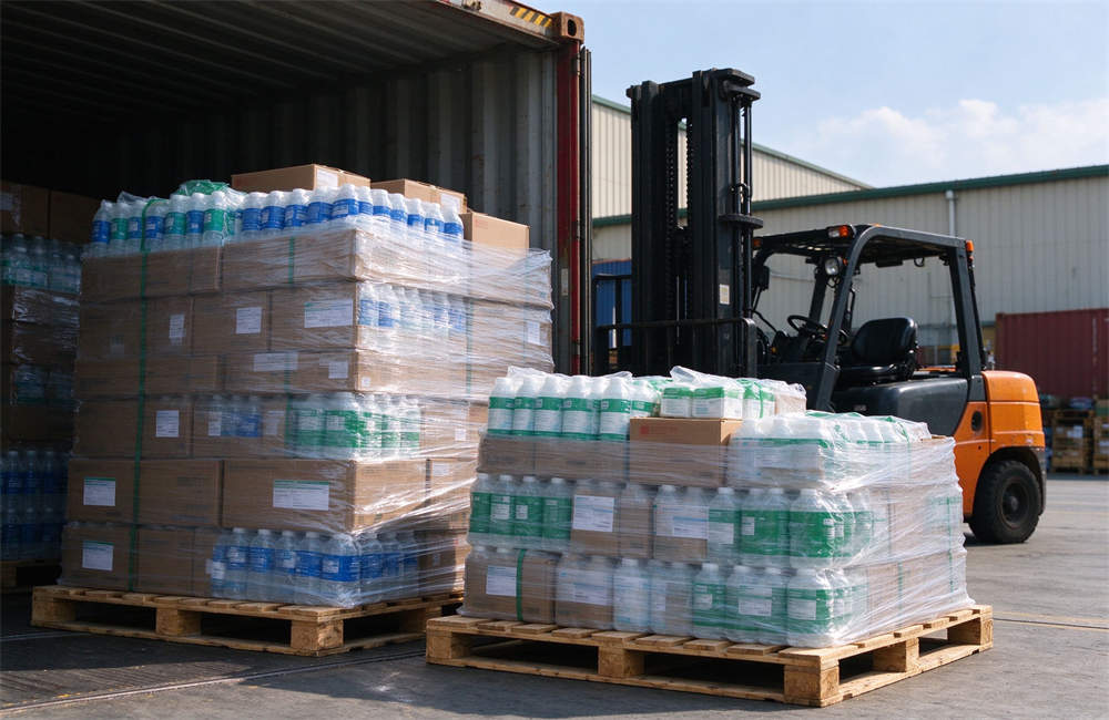Forklift loading pallets of emergency relief supplies into shipping container, bulk disaster relief logistics and wholesale emergency supplies distribution for relief organizations