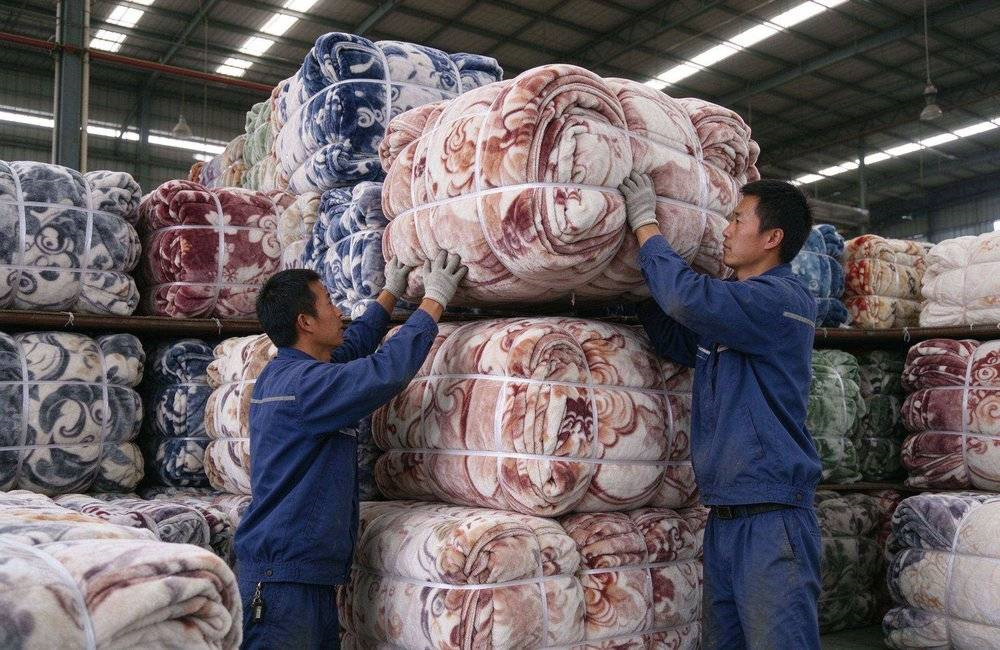 Bright relief warehouse with compressed blanket bales and carton stacks ready for shipment, showing relief supplier requirements for NGO relief programs