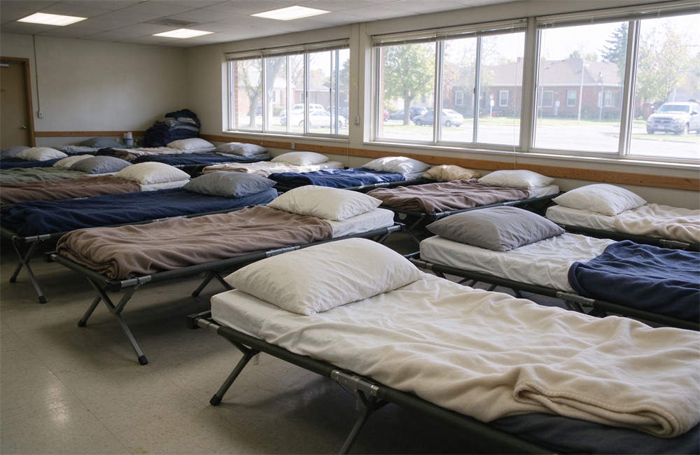 Bright shelter interior with rows of folding cots, emergency shelter bedding supplies for displaced residents during foodborne illness outbreak response