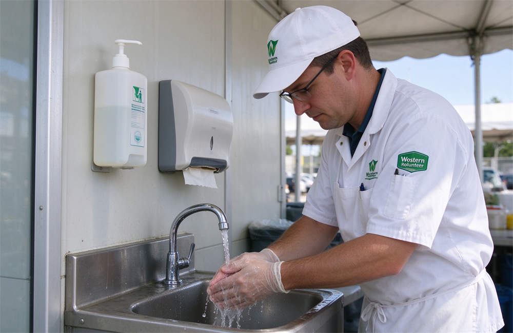 Volunteer in white work uniform washing hands at portable handwash station, hand hygiene supplies for food safety in emergency relief kitchens and field operations