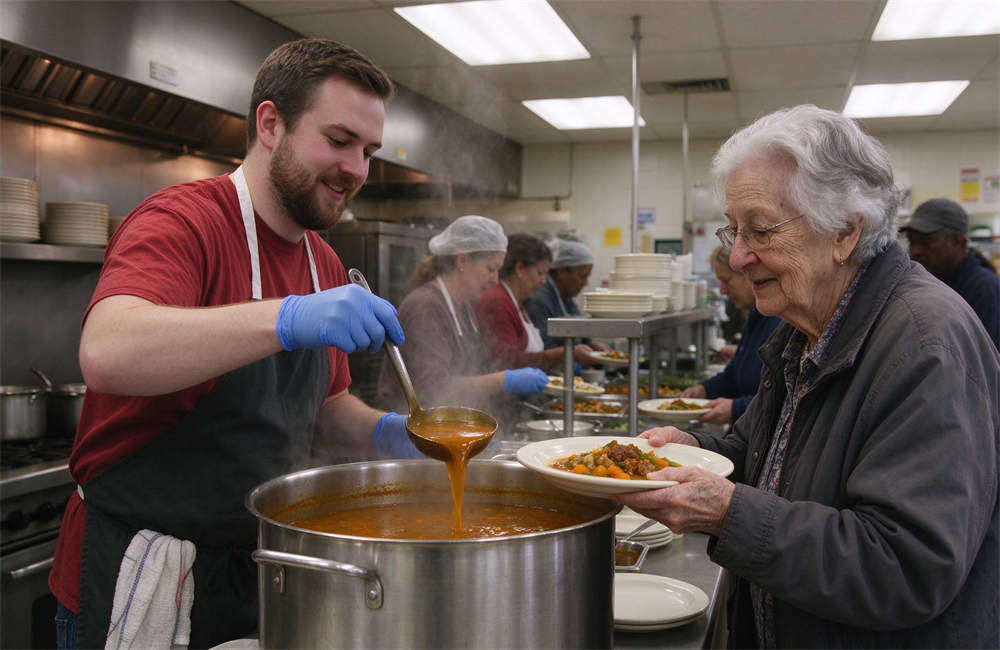 Volunteer serving hot soup to elderly resident from large pot, compassionate food service in relief shelter, elderly care and nutrition emergency supplies